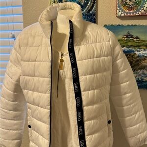 GUESS Women's White Puffer Jacket with Logo Trim